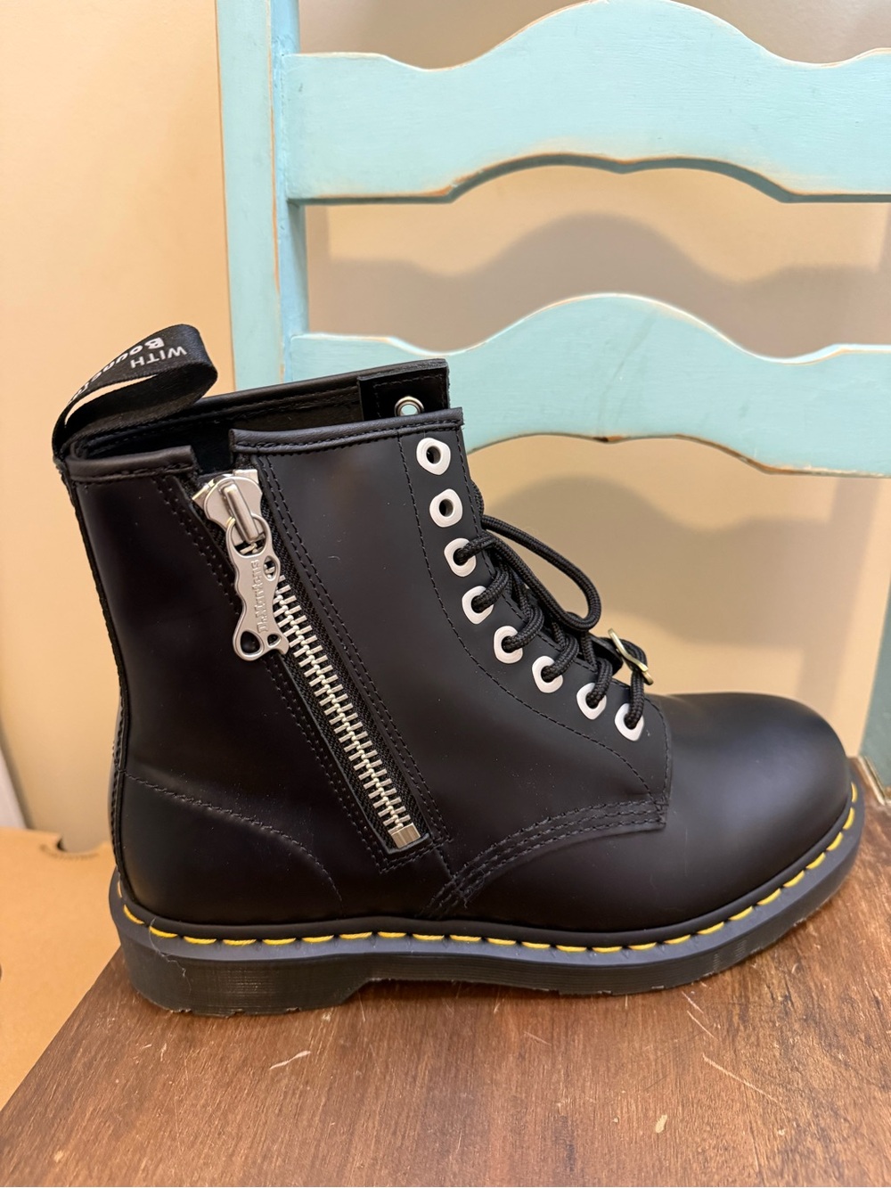 Dr. Martens Black Leather Boots with Yellow Stitching - Picture 3 of 5